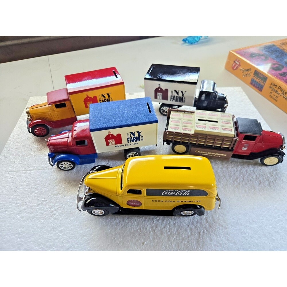 Lot Of 5 banks, coke, cambells,  ny farm, Cars Ertl Mack
